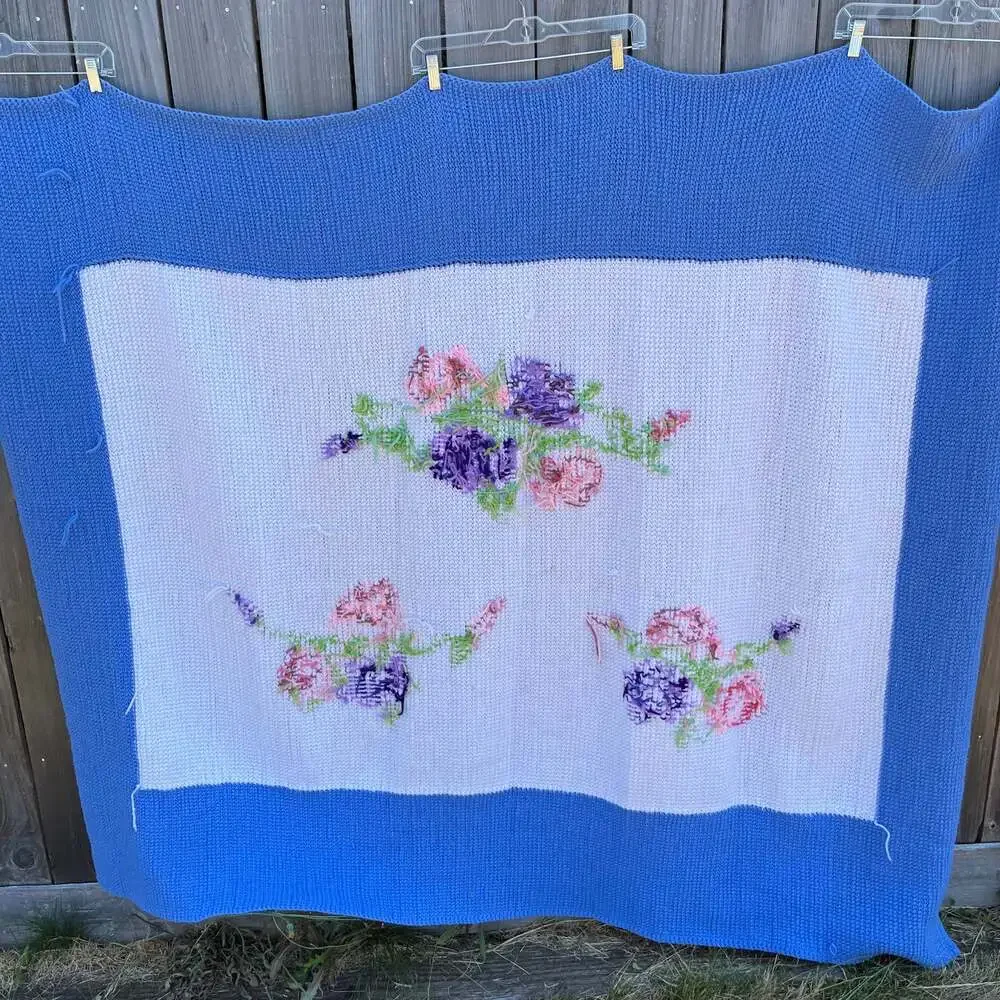 Vintage Large Crocheted Rose Blue & White Blanket
